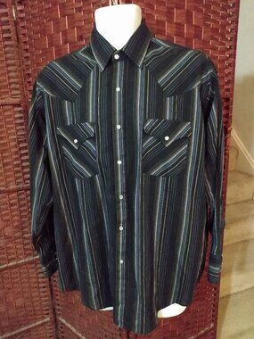 Vintage Mens Western Shirt Stripes Pearl Snap Buttons Large Plains Western Wear